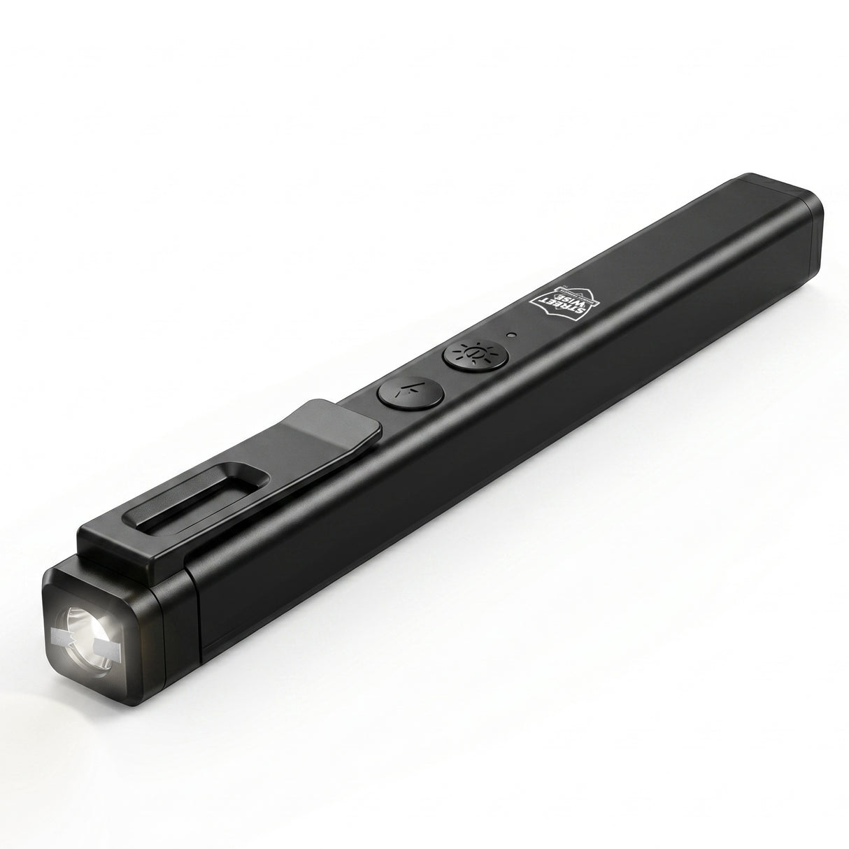 A close up view of a black rechargeable dual light stun gun from Streetwise