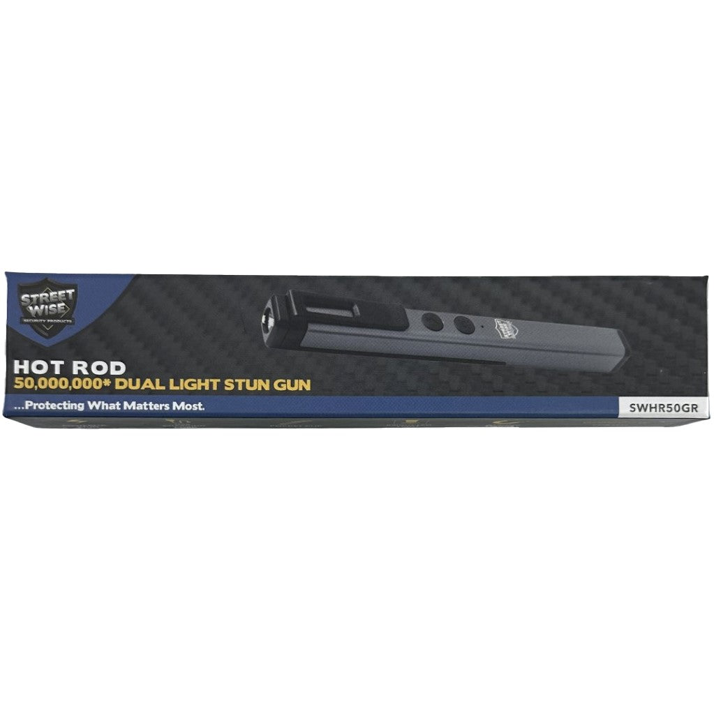 a Streetwise™ Hot Rod Rechargeable Dual Light Stun Gun 50M in its packaging.