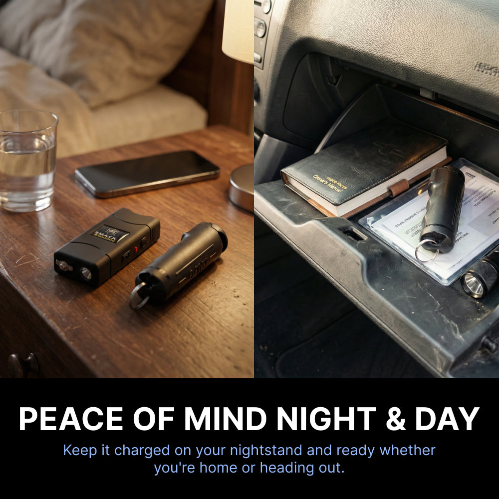 Stun gun and pepper gel devices laying on nightstand, and pepper gel in glove compartment