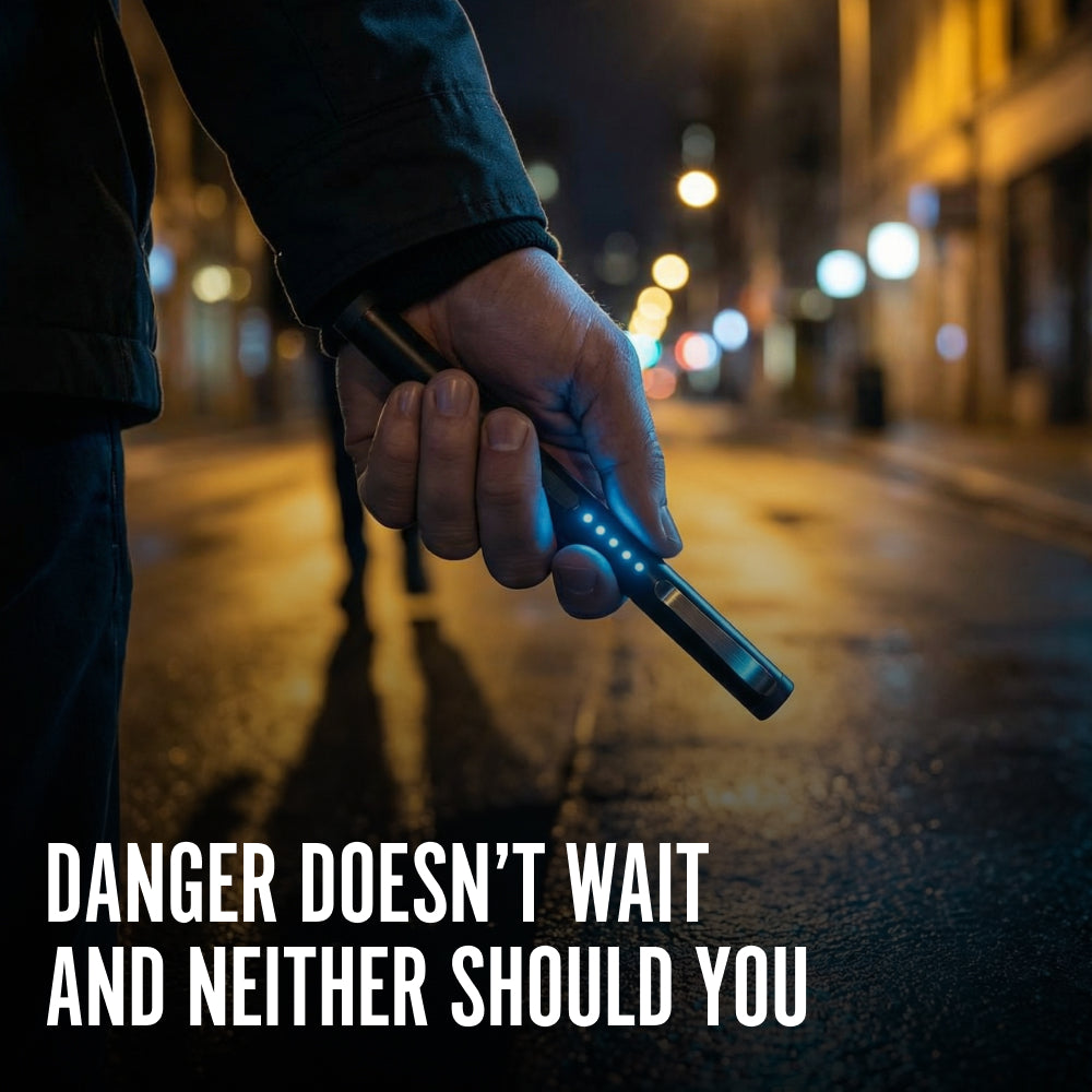 Hand holding a Streetwise Pain Pen on a city street with text 'Danger doesn't wait and neither should you'.