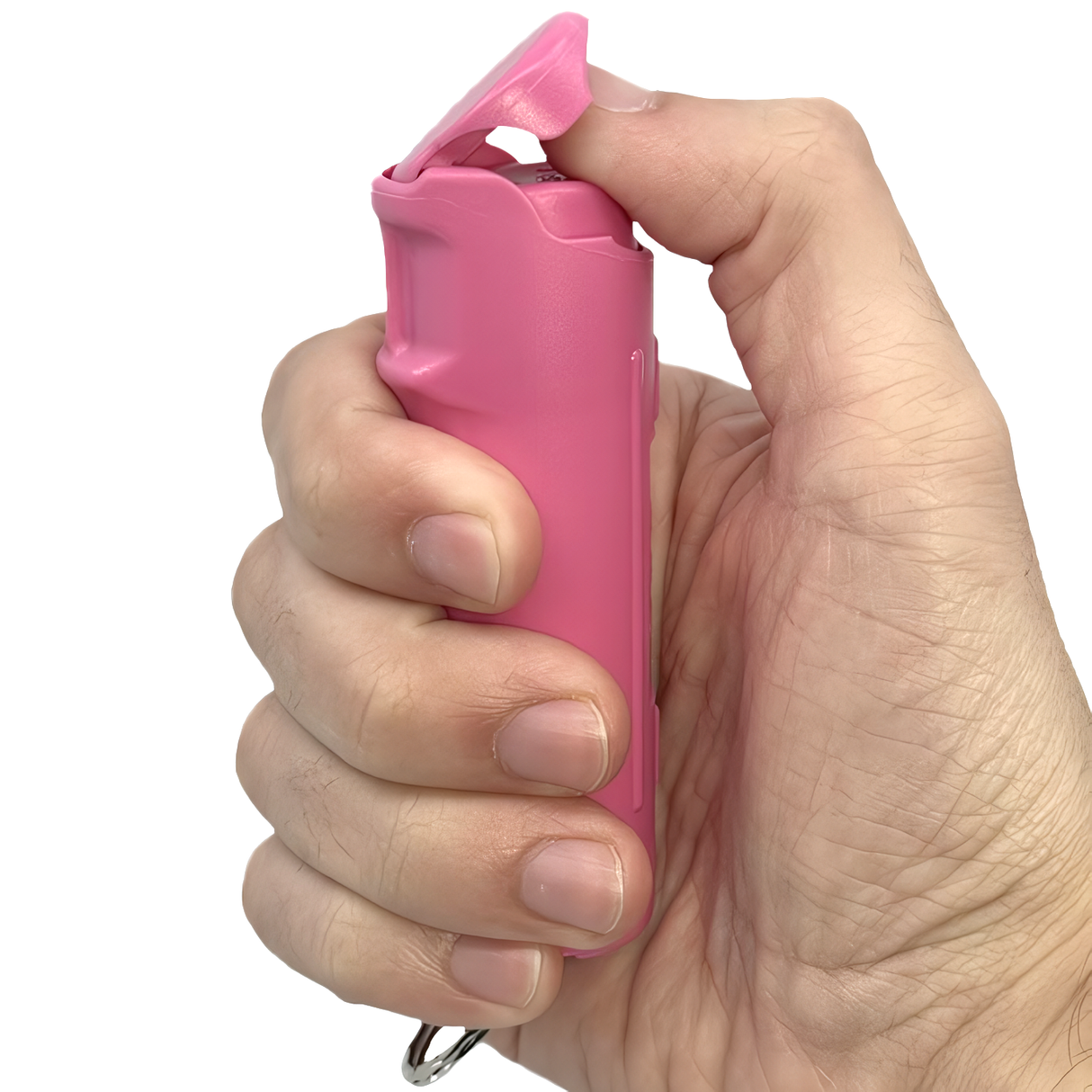 A hand holding and ready to press a Streetwise™ 1/2 oz. Sticky Gel Pepper Spray Keychain