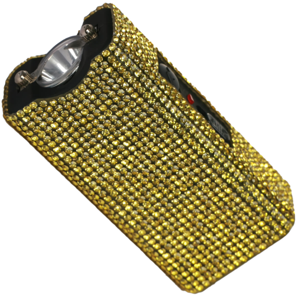 A mini rechargeable LED stun gun from Streetwise, encased in a gold rhinestone covering