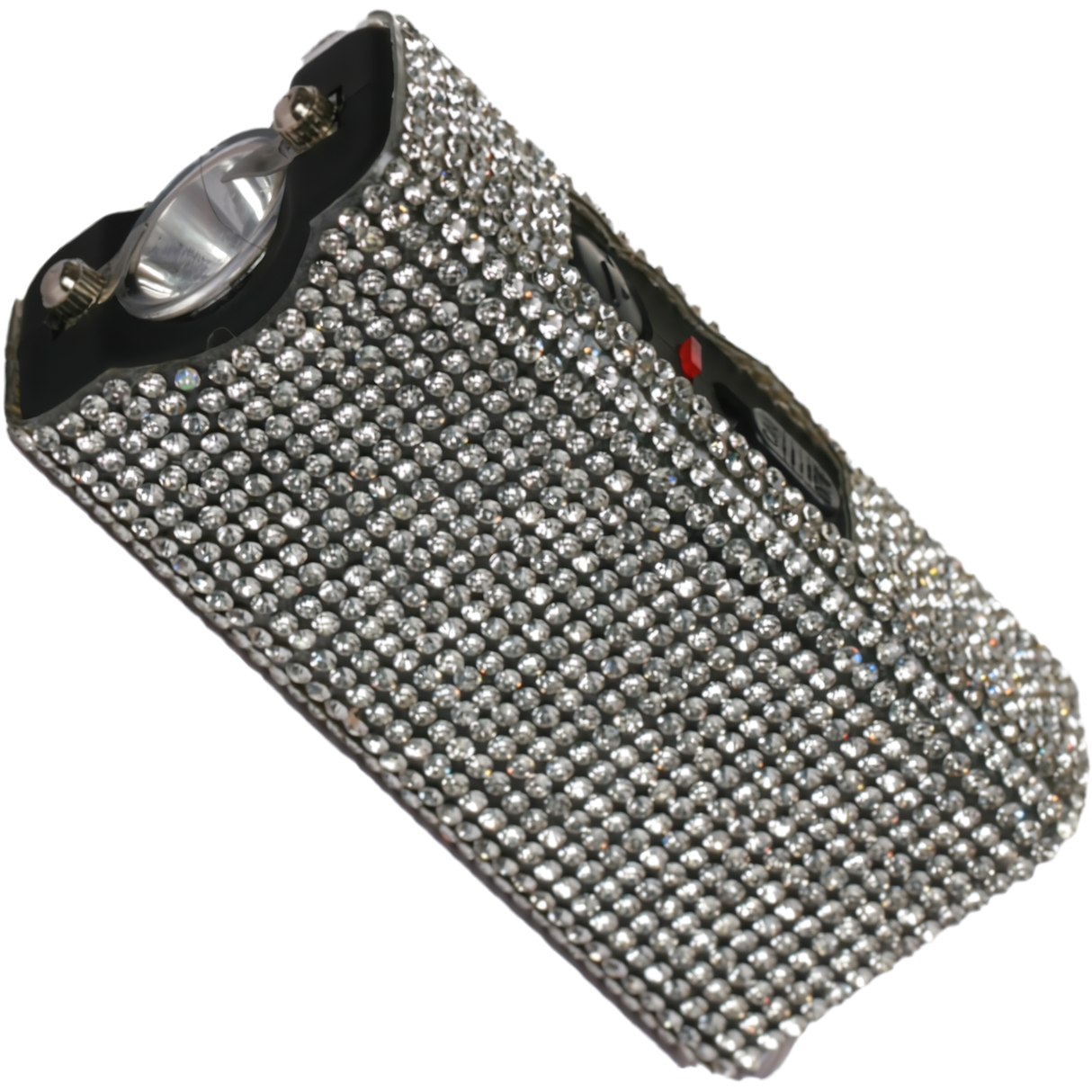 A mini keychain rechargeable LED stun gun from Streetwise, encased in a silver rhinestone covering