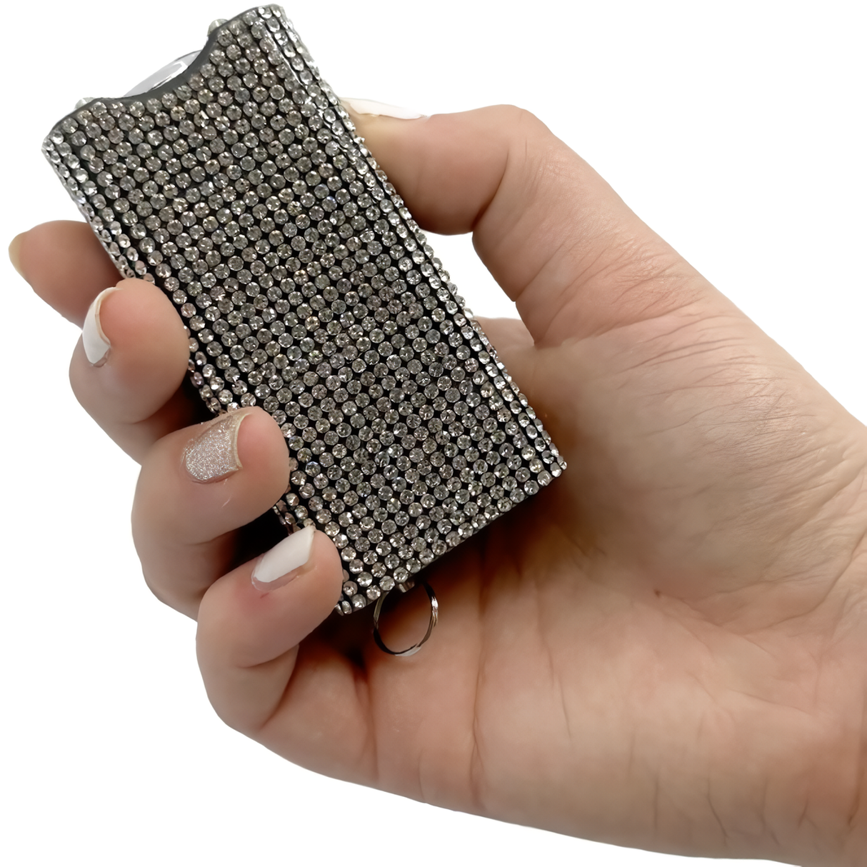 A hand holding a Streetwise Rhinestun Mini Keychain Rechargeable LED Stun Gun