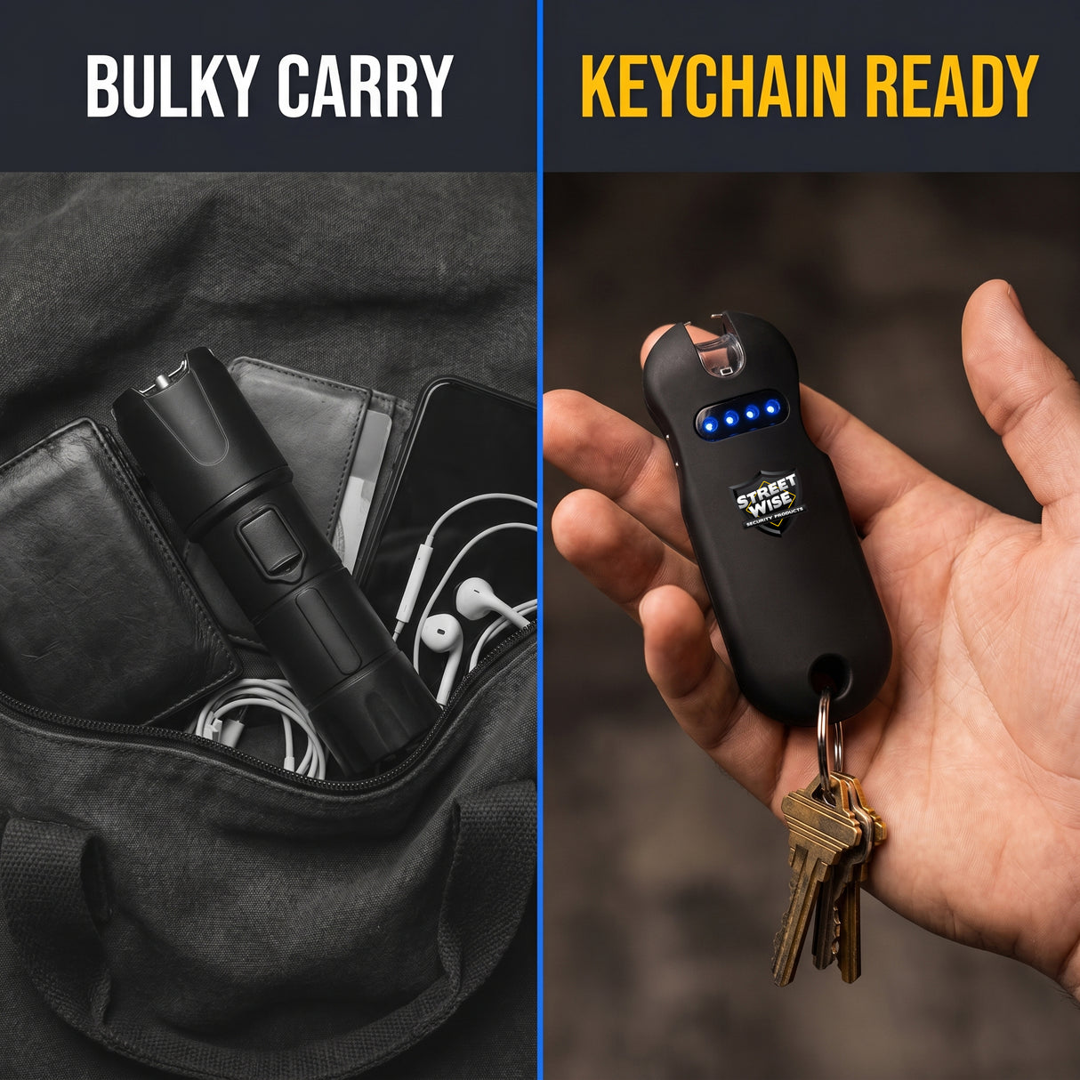 Comparison of a black device in a bulky carry case versus a keychain ready version held by a hand.