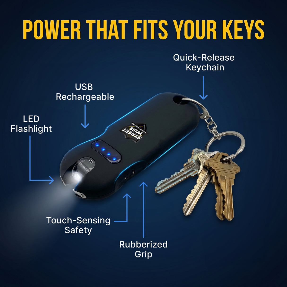 Keychain flashlight with features highlighted on a dark blue background