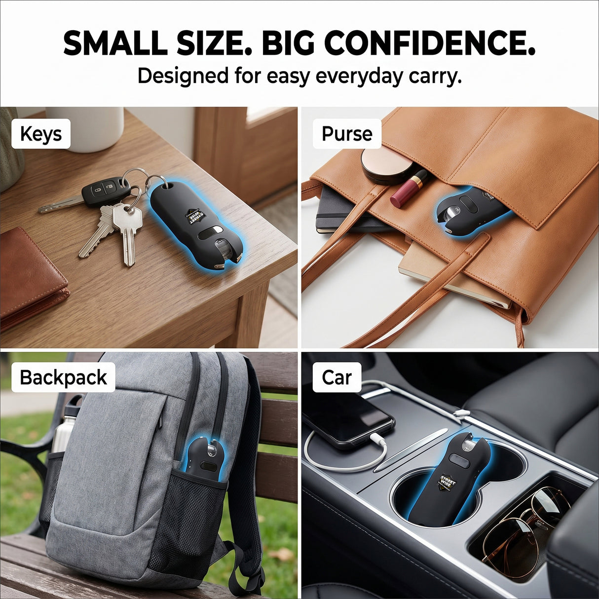 Product being used in various settings including keys, purse, backpack, and car.