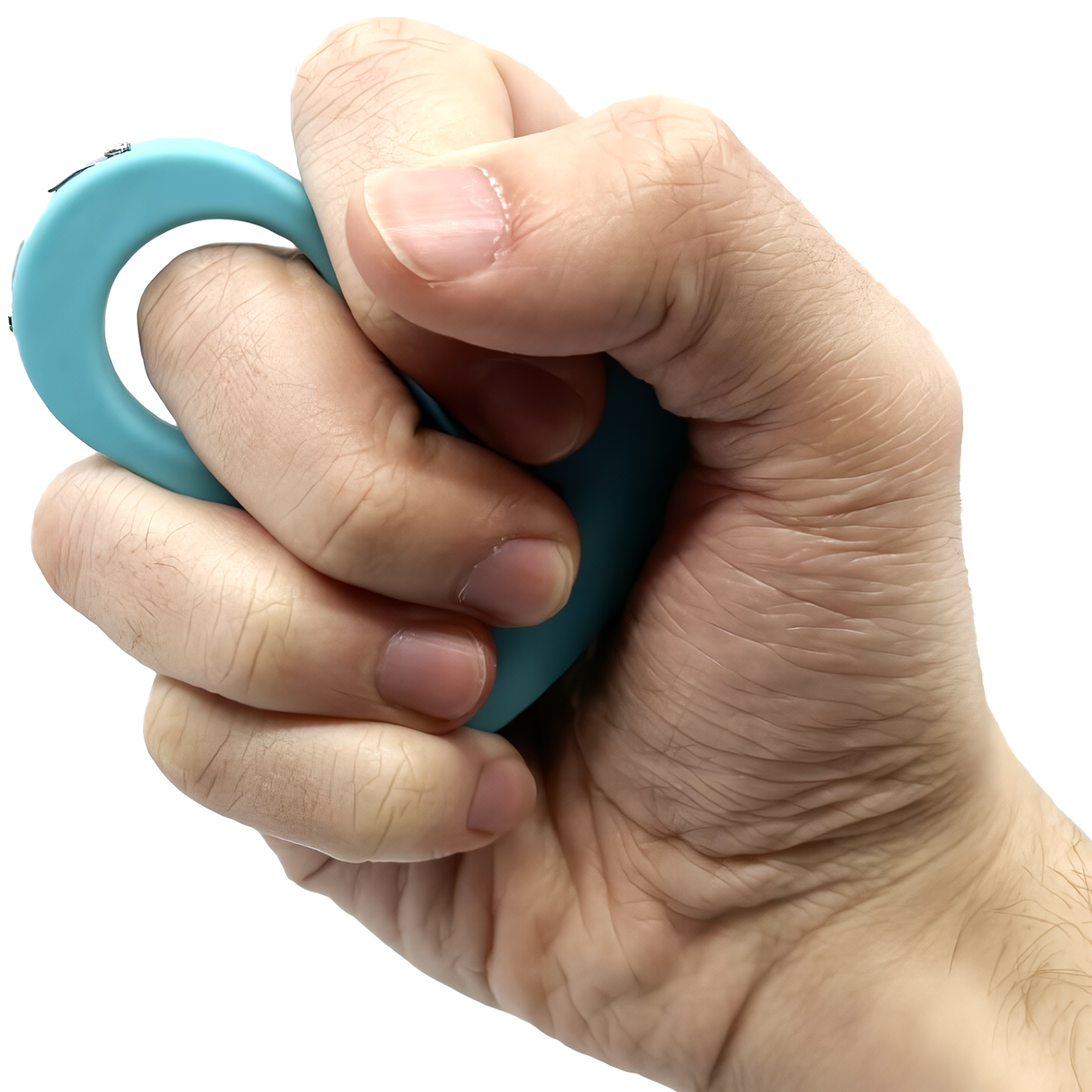 a hand gripping a teal streetwise sting ring stun gun.