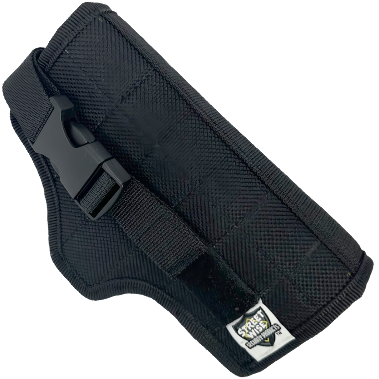 a view of a black Streetwise The Heat Heavy Duty Launcher Gun Nylon Holster, with its quick-release buckle attached.
