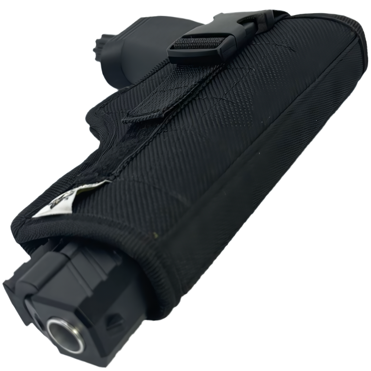 A top left angle view of the Streetwise the heat heavy duty nylon holster with a gun inside the holster.