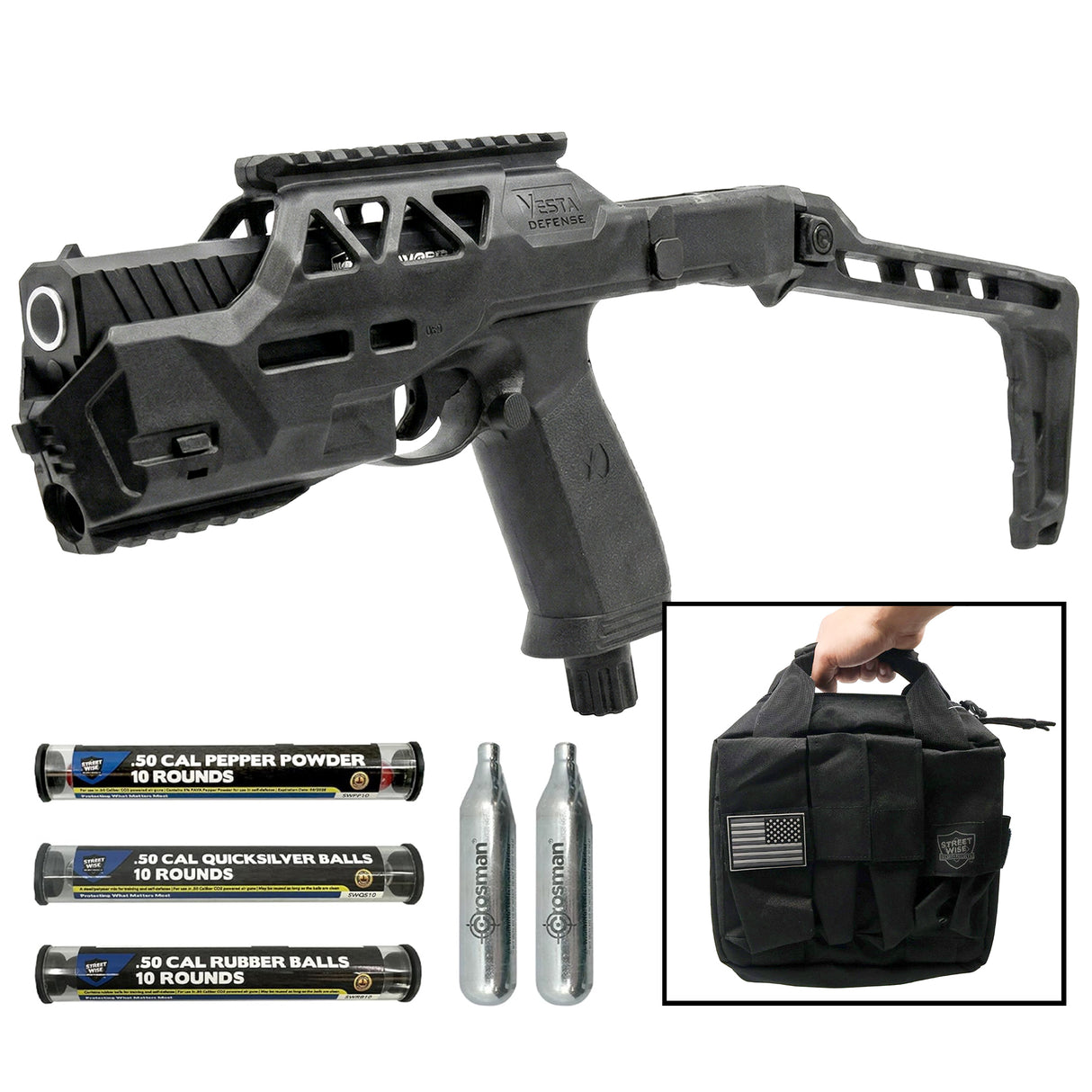 a whole entire set of the Streetwise The Heat Pepper Ball Launcher Folding Stock Deluxe Kit with accessories and bag.