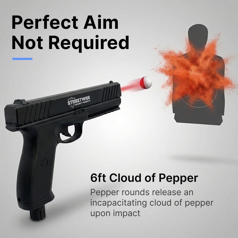 a promotional graphic of the Streetwise The heat pepper ball launcher gun, showcasing the aim and the contents of the pepper ammo.