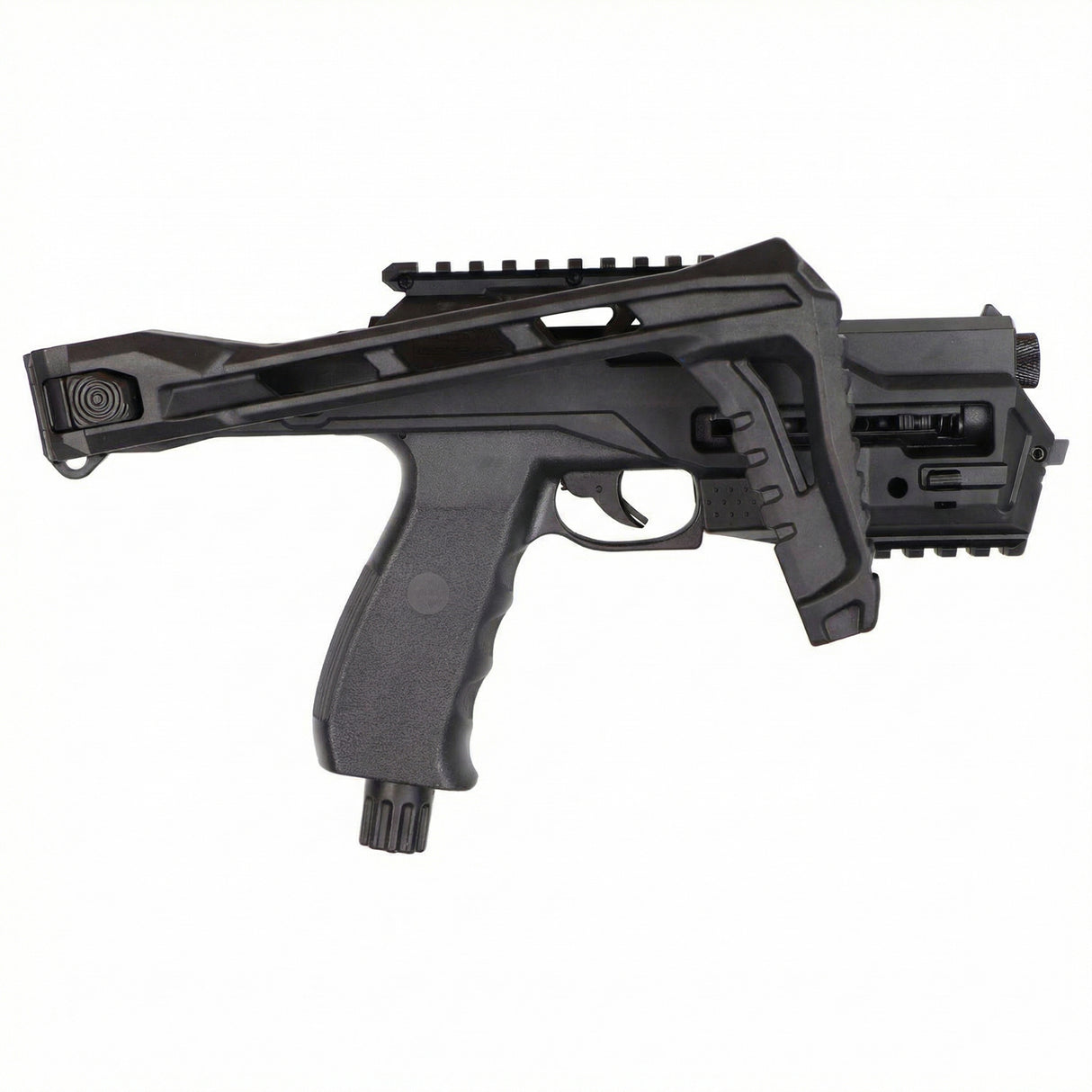 a view of the streetwise the heat pepper ball launcher with its folding stock from the kit on.