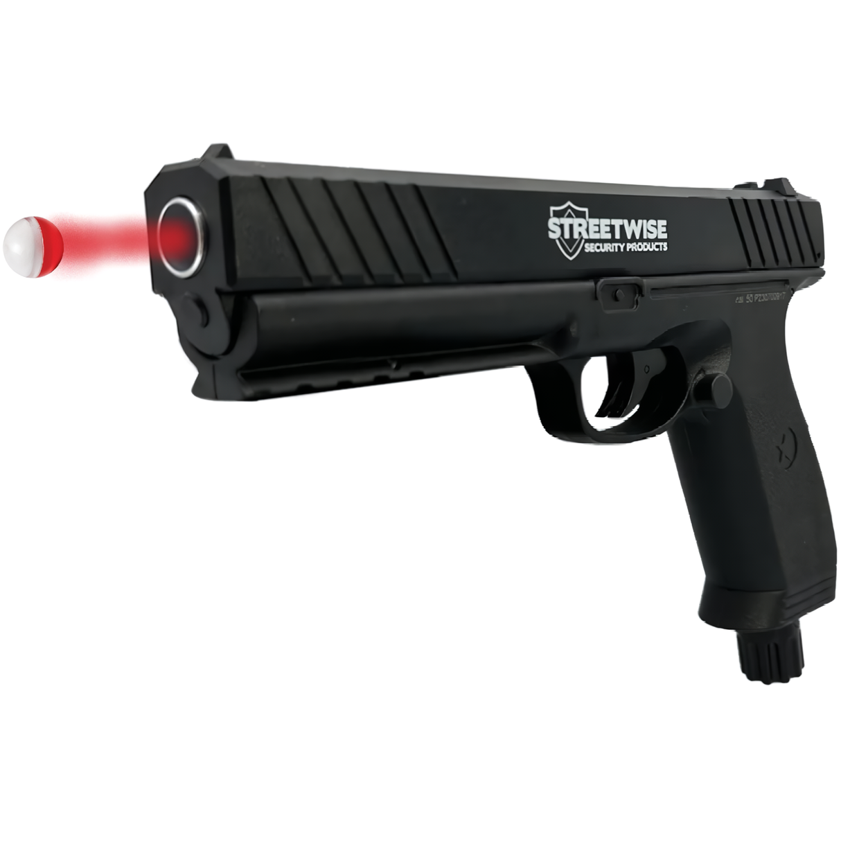 a view of the streetwise pepper ball launcher gun and the pepper ball bullet being launched.