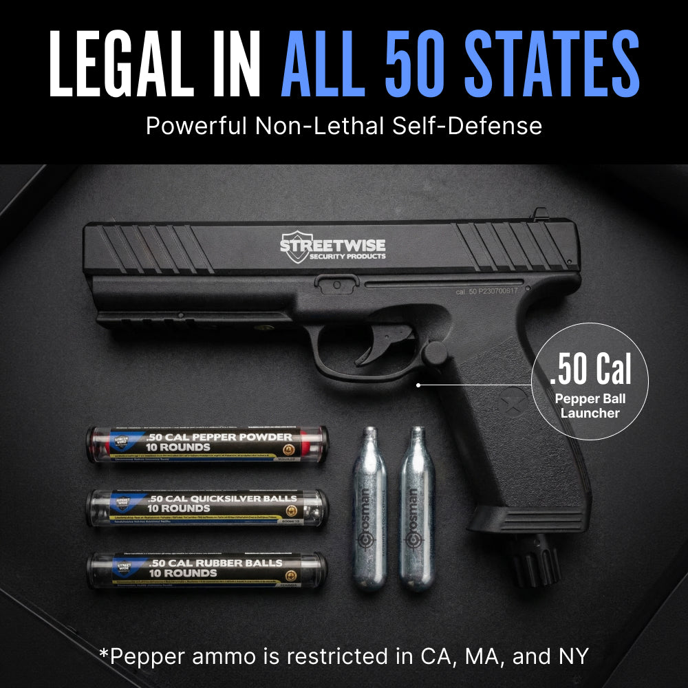 a promotional graphic of the Streetwise The Heat pepper ball launcher gun and its ammunition kit, showing the legality of the product within 50 states for protection.