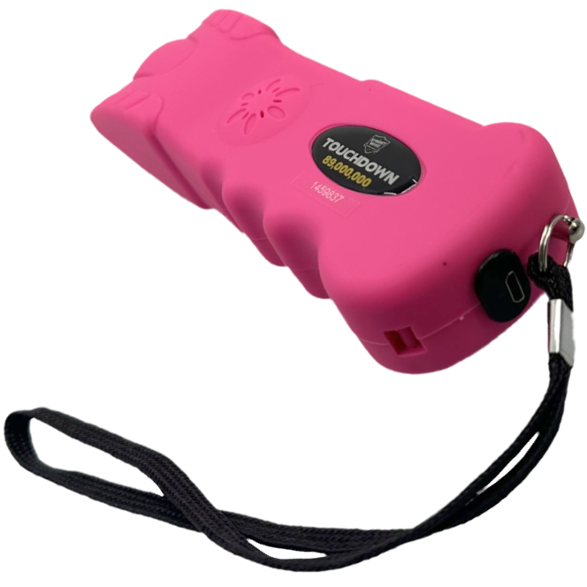 a bottom angle of a pink Streetwise™ Touchdown Rechargeable LED Stun Gun with its keychain strap and its USB charging port.