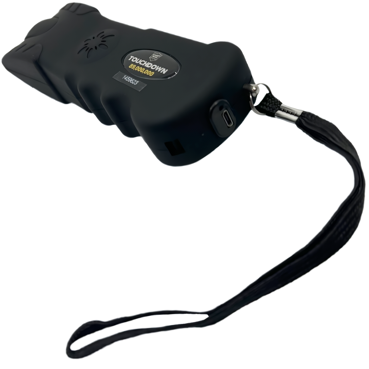 a bottom angle of a Streetwise Touchdown Rechargeable LED Stun Gun with wrist strap attached along with its charging port below.