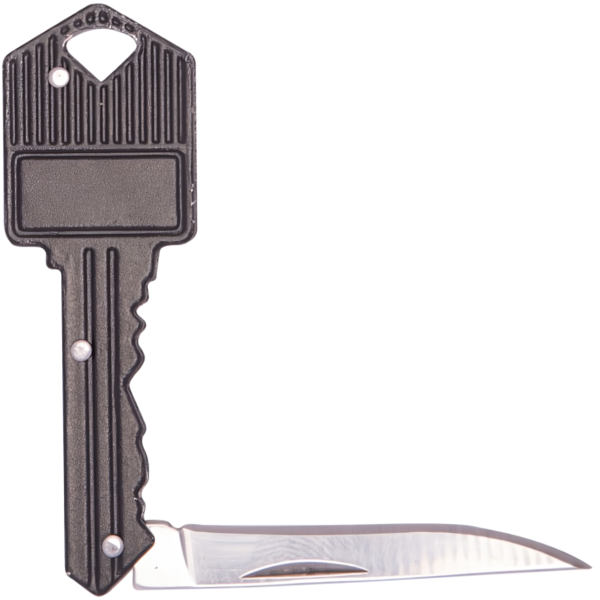 the fake house key that secretly contains a sharp 1.6” stainless steel blade that is part of the Stun gun pepper spray self defense keychain set.