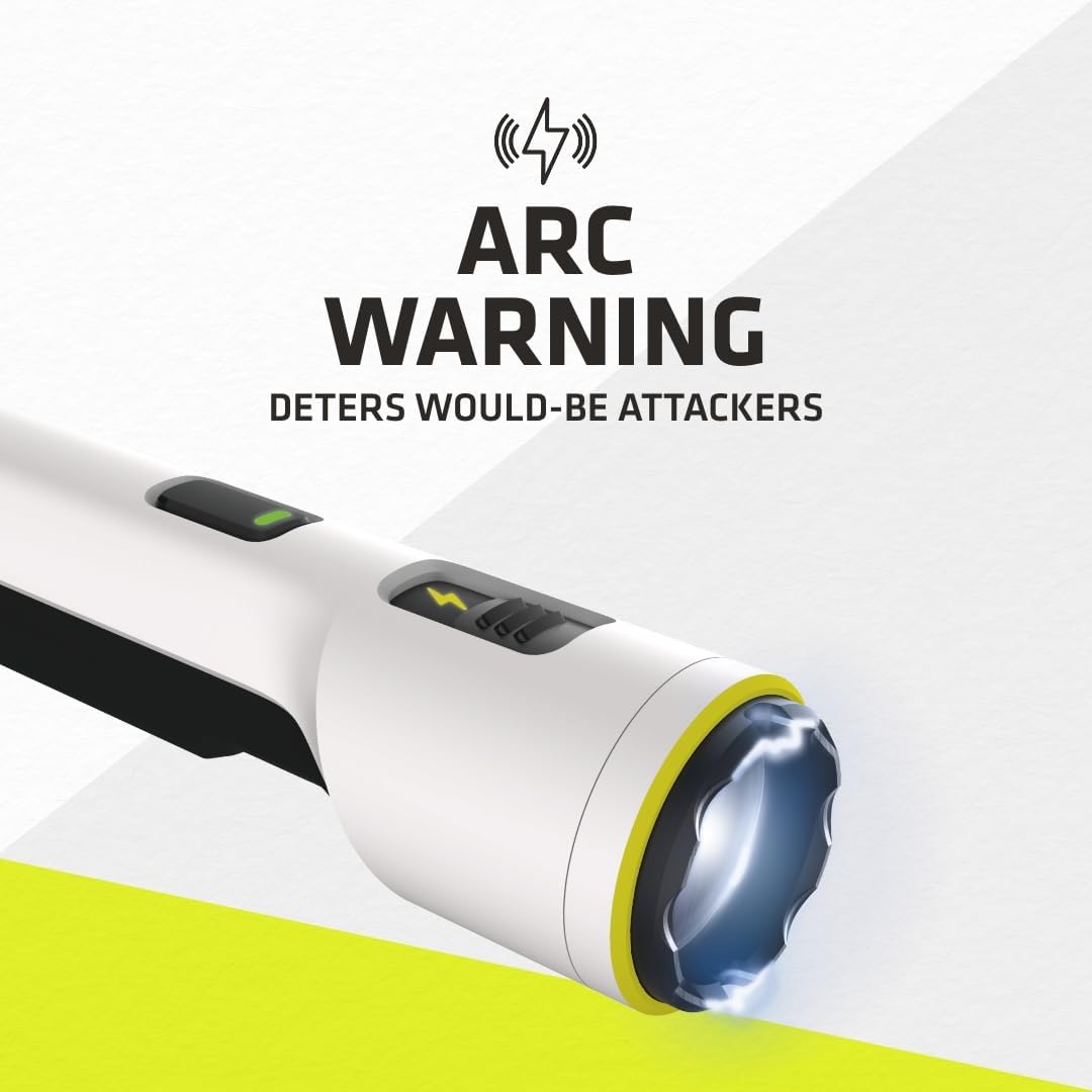 a photo showing a white TASER Strikelight 2 Rechargeable Stun Gun Flashlight and its arc warning feature