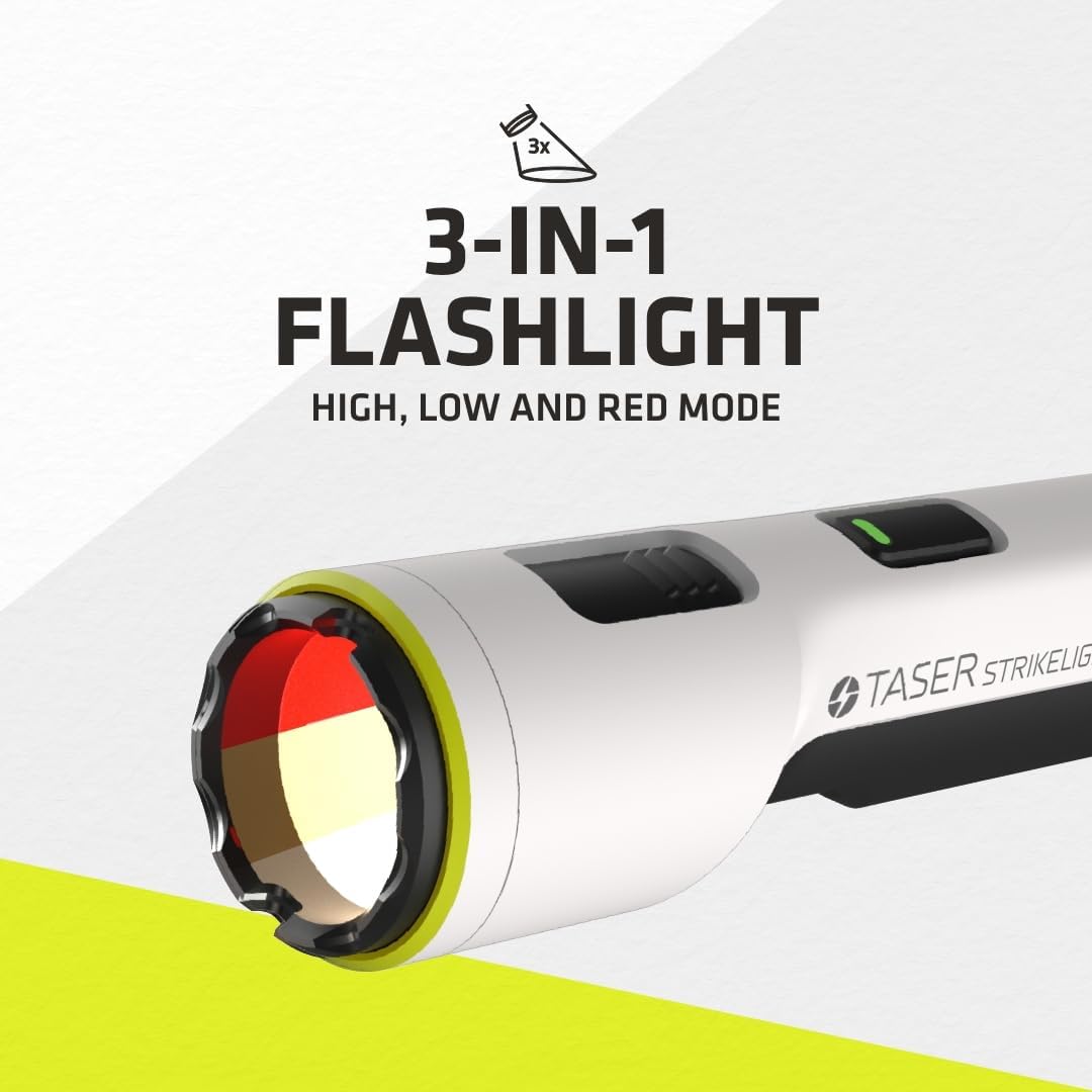 a photo showing the TASER Strikelight 2 Rechargeable Stun Gun Flashlight and its three light modes