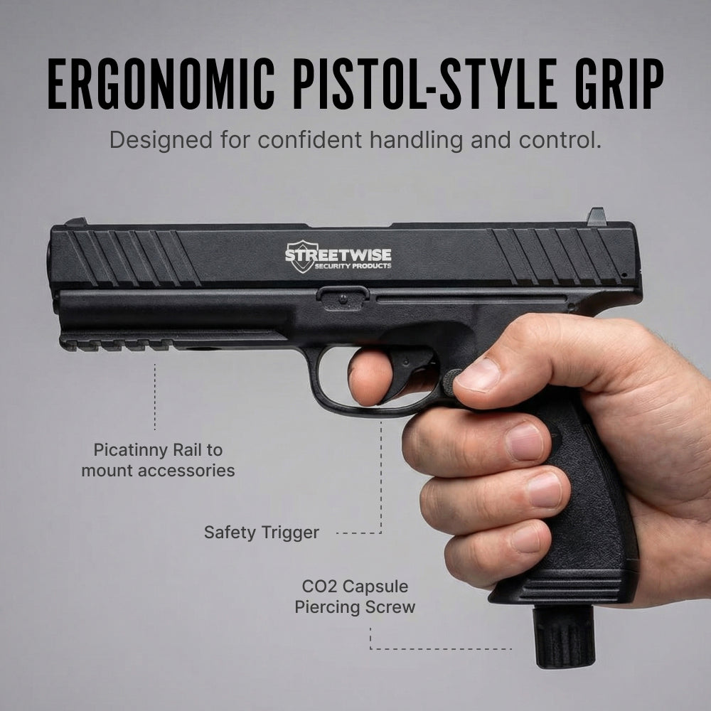 Hand holding a black handgun with ergonomic pistol-style grip on a gray background, featuring Streetwise Security Products branding.