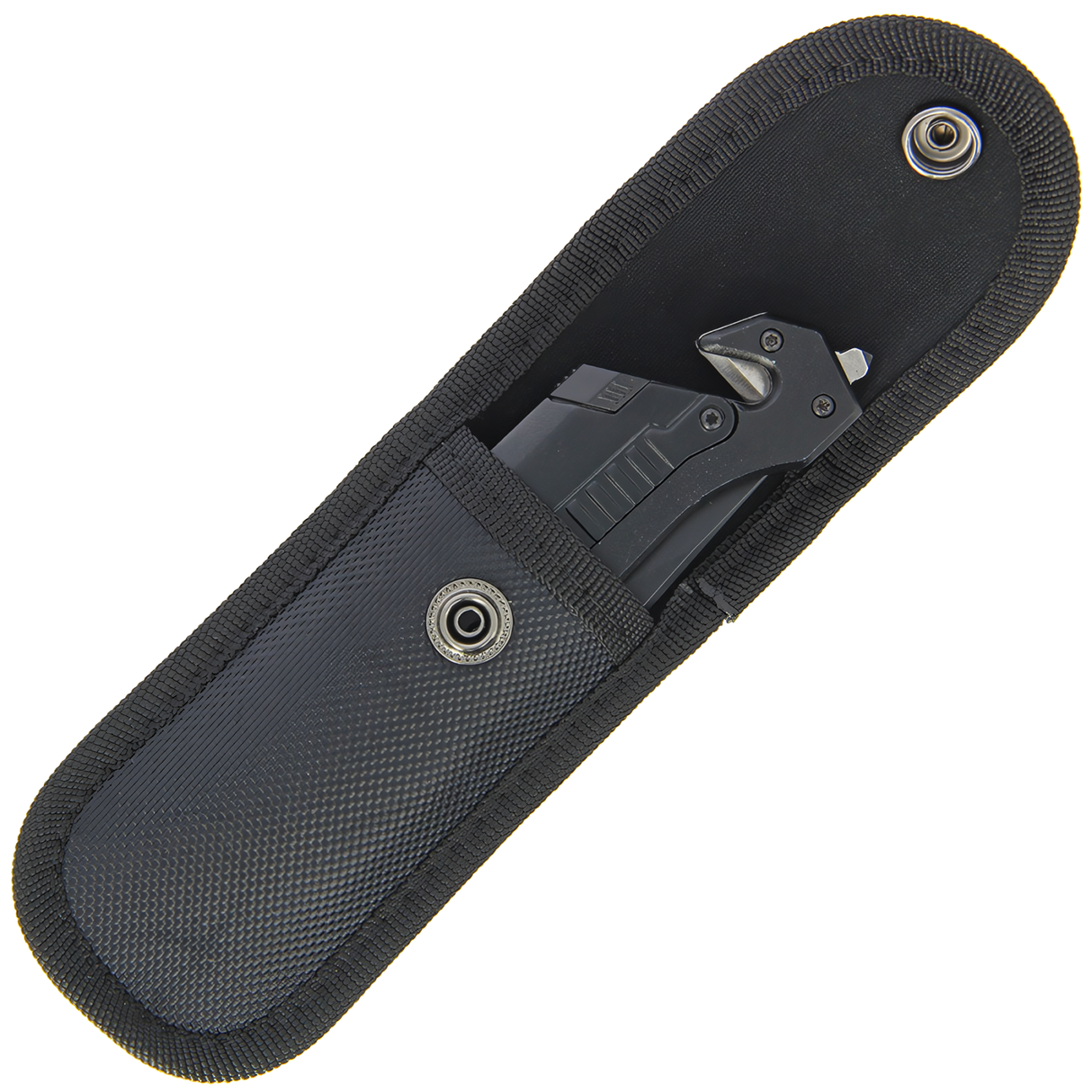a black Tiger-USA 5-in-1 EDC Folding Survival Pocket Knife w/ LED Light & Fire Starter in black nylon sheath