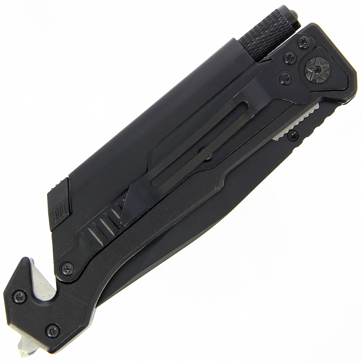 a black Tiger-USA 5-in-1 EDC Folding Survival Pocket Knife w/ LED Light & Fire Starter