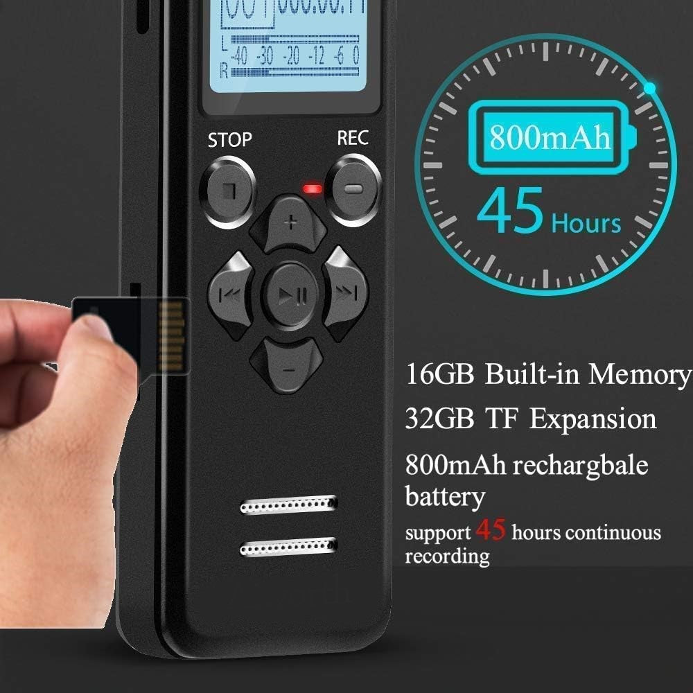 Voice Activated Rechargeable Audio Recorder from SpyWfi in a close up view showing digital display, controls and other key features