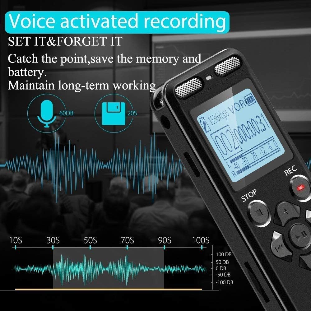 Marketing graphic promoting 'Voice activated recording' features of Voice Activated Rechargeable Audio Recorder from SpyWfi