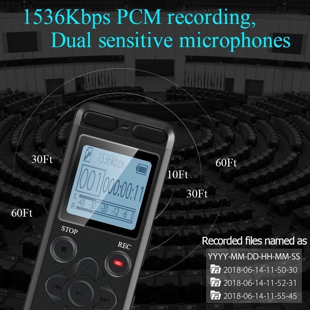Technical specifications graphic of Voice Activated Rechargeable Audio Recorder from SpyWfi
