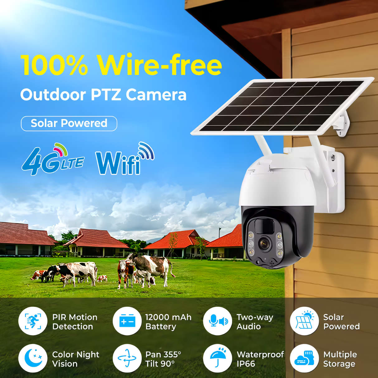 SpyWfi Solar PTZ Auto Tracking Night Vision Security Camera 2K UHD WiFi