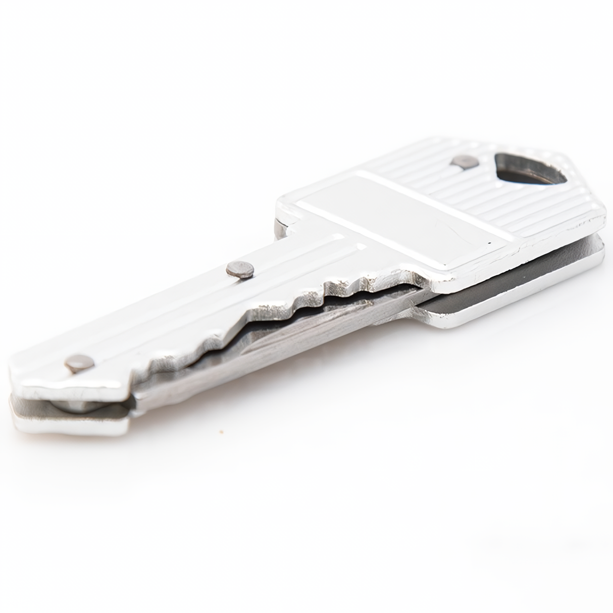 a bottom view of the WeaponTek Fake House Key Concealed EDC Folding Pocket Knife, showing its folded blade inside the key