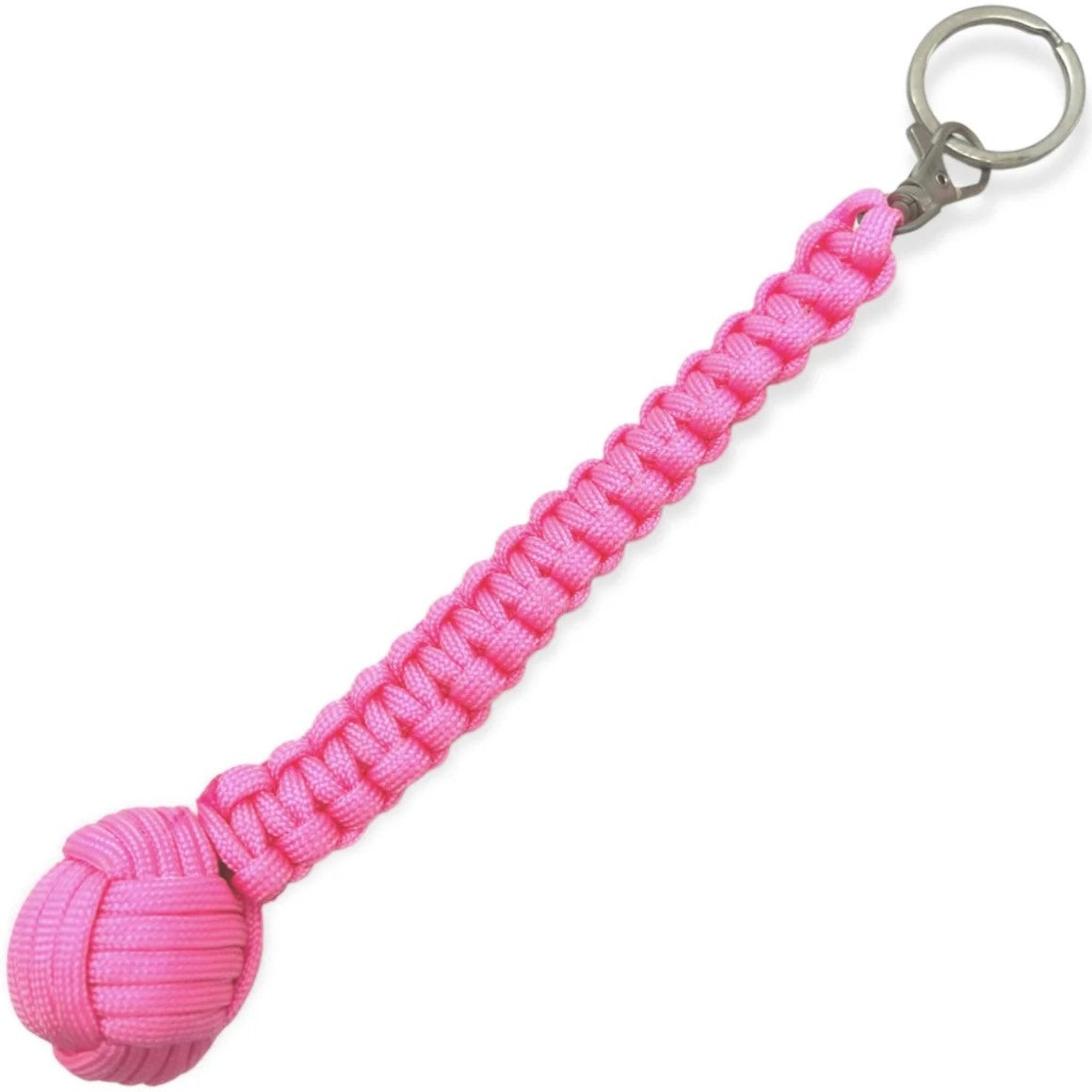A pink WeaponTek monkey fist keychain with metal ring and paracord.