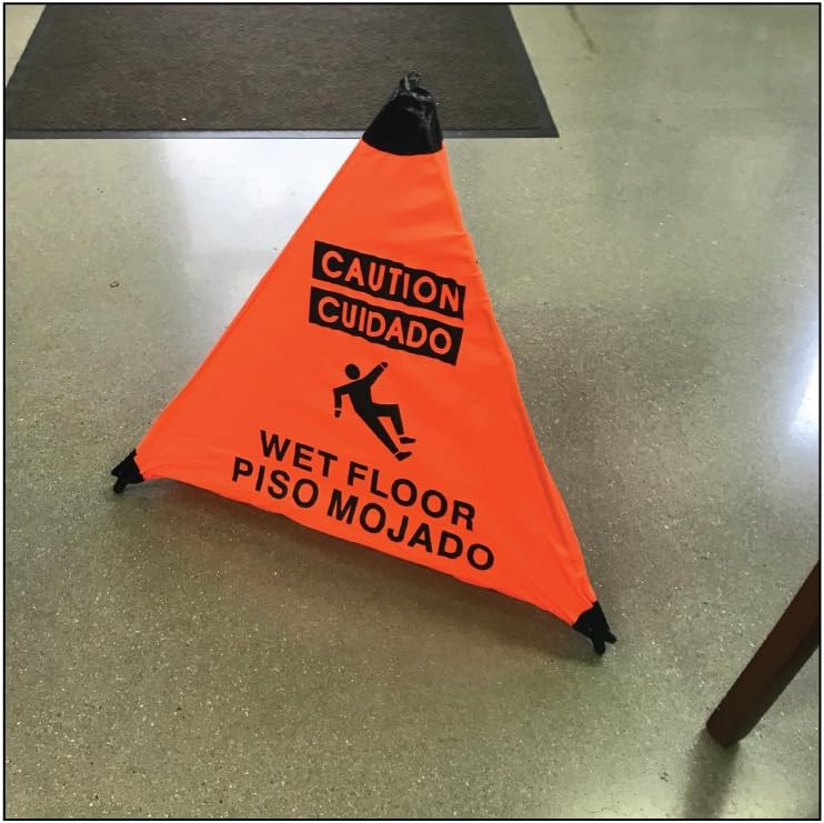 a Wet Floor Sign English/Spanish 18' Orange with Hang Tube placed on the floor