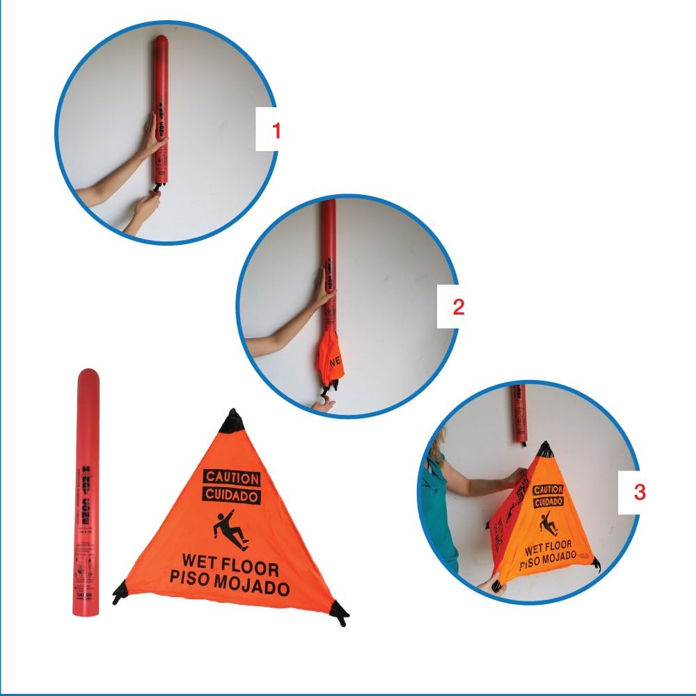 a photo showing a tutorial on how to use the hang tube of the orange wet floor sign
