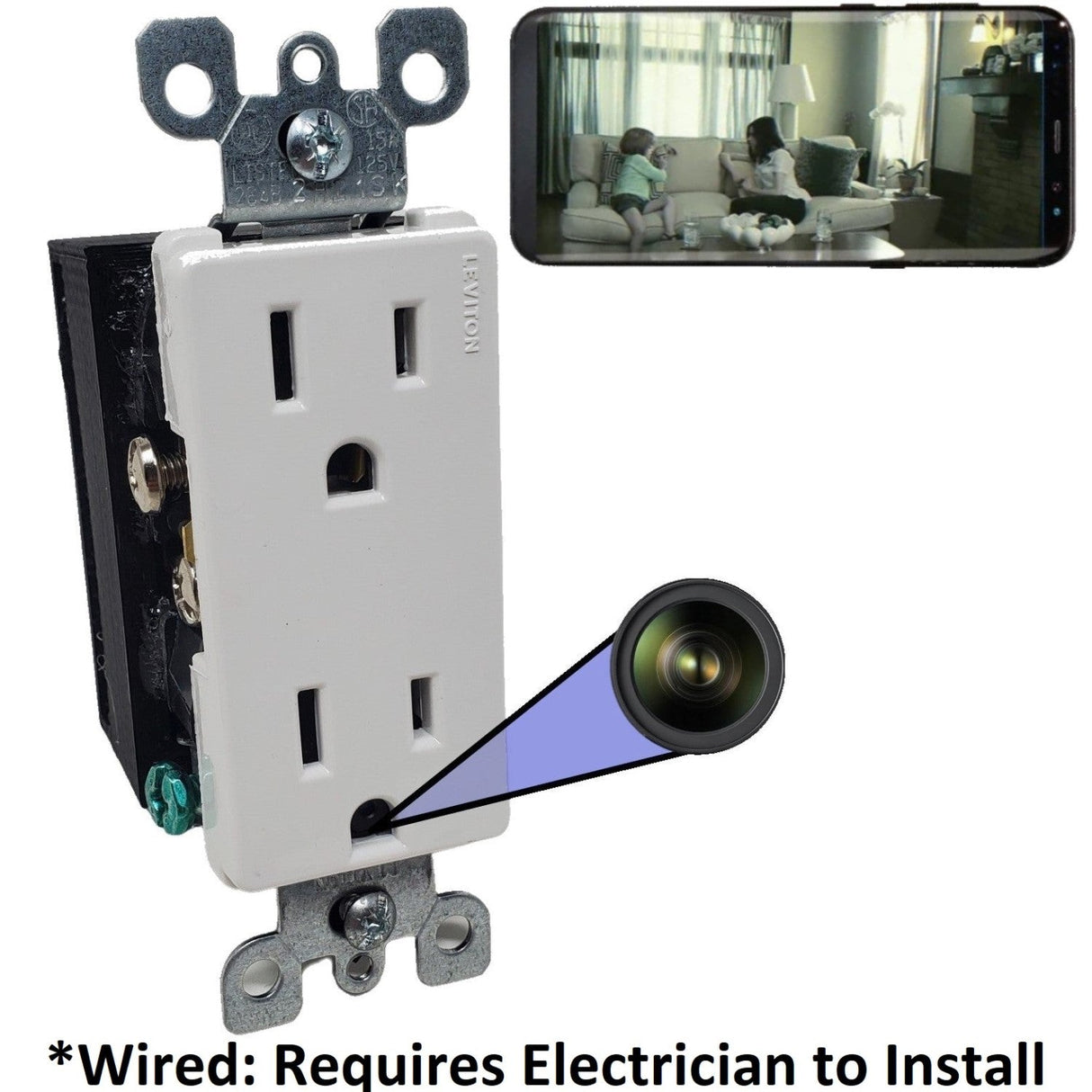 SpyWfi Working Plug Outlet Hidden camera with lens pointed out, and a smartphone showing the live feed of a living room