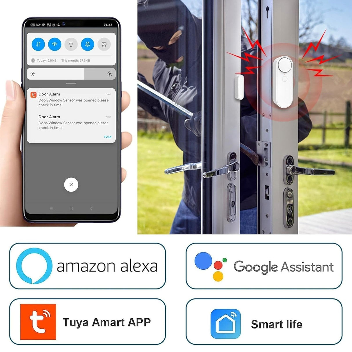 Crow Alert Smart WiFi Magnetic Contact Door & Window Intruder Alarm 90dB