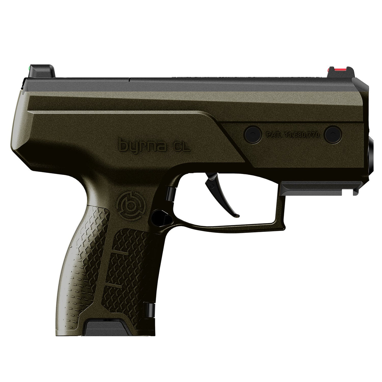 Close-up of green Byrna CL self-defense launcher with ergonomic grip and trigger
