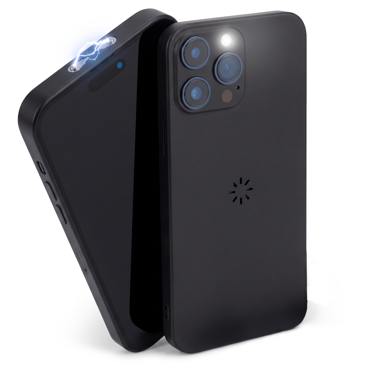 A black magnetic smartphone case shown from two angles on a white background, with one case standing upright and the other leaning against it. The upright case shows a circular logo near the bottom and a small light indicator near the top left.