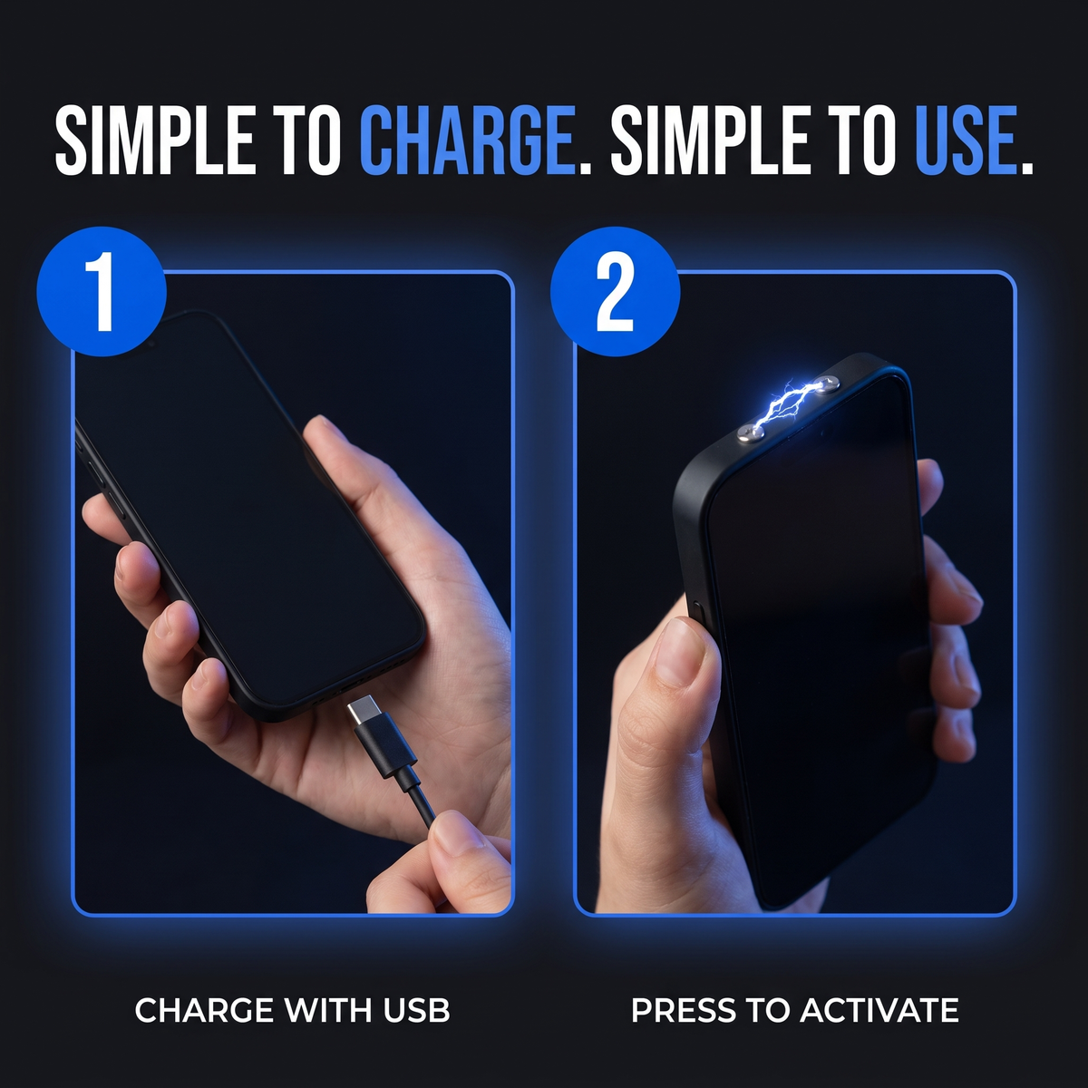 Instructional graphic showing a black portable charger being used to charge a smartphone. Step 1 shows the charger connected to a phone with the text 'CHARGE WITH USB', and step 2 shows a hand pressing the side of the charger with a blue lightning icon and the text 'PRESS TO ACTIVATE'.