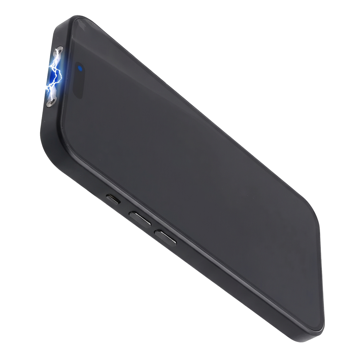 A black rectangular electronic device with rounded corners, shown at an angle on a white background. The back features a blue LED light glowing in the upper left corner, and three small side buttons along the bottom edge.