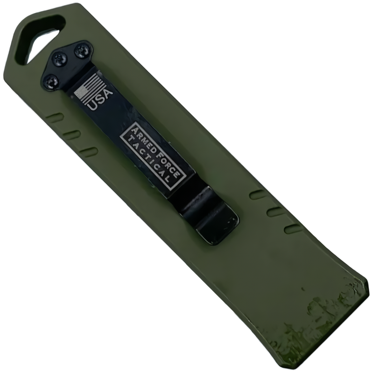A closed green 3" Armed Force Tactical Mini Automatic OTF Dagger Pocket Knife showing its metal clip