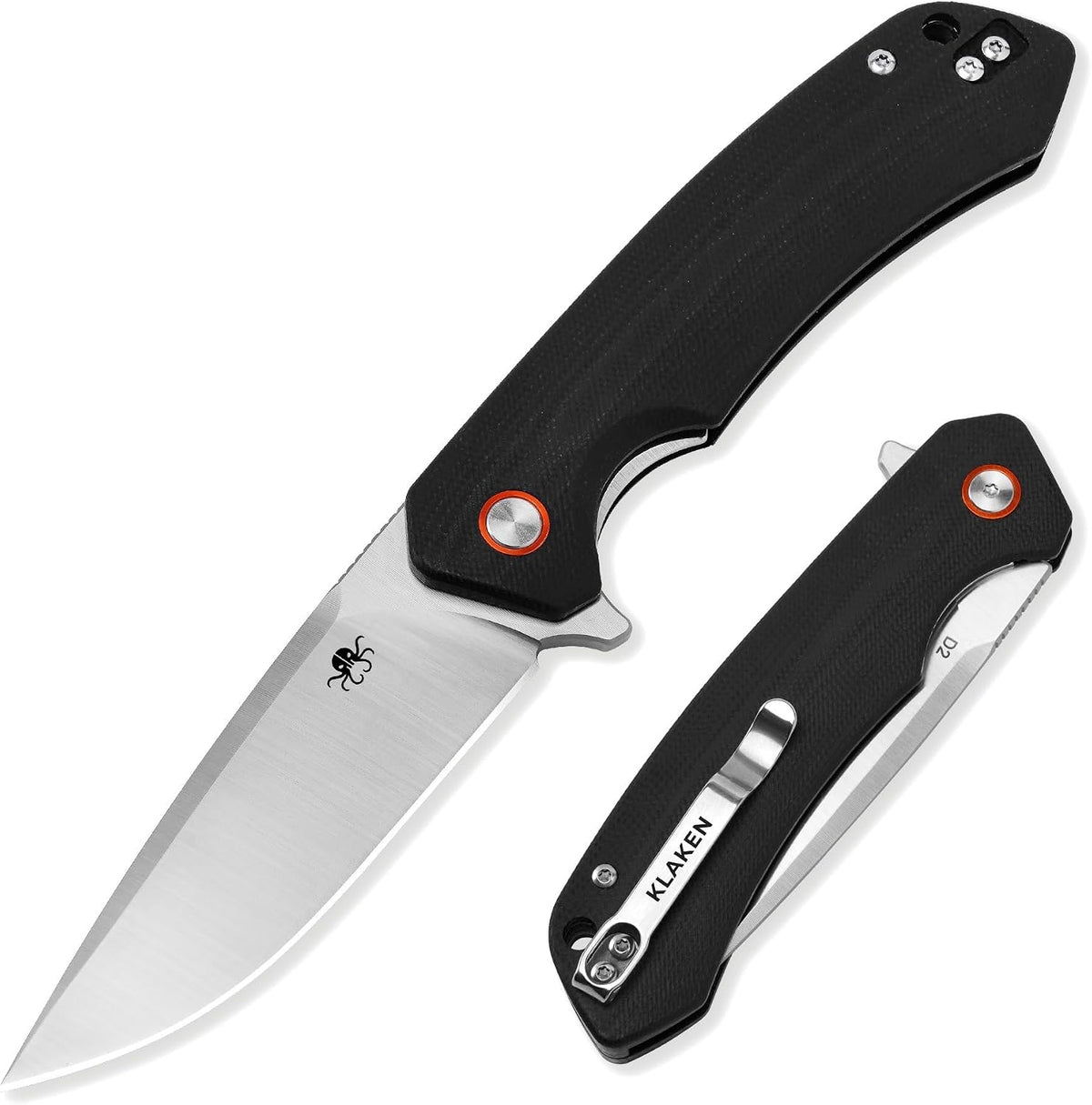 A folding pocket knife shown open and closed on a clean white background. The knife features a textured black G10 handle, a satin-finished silver blade, and a silver clip point.