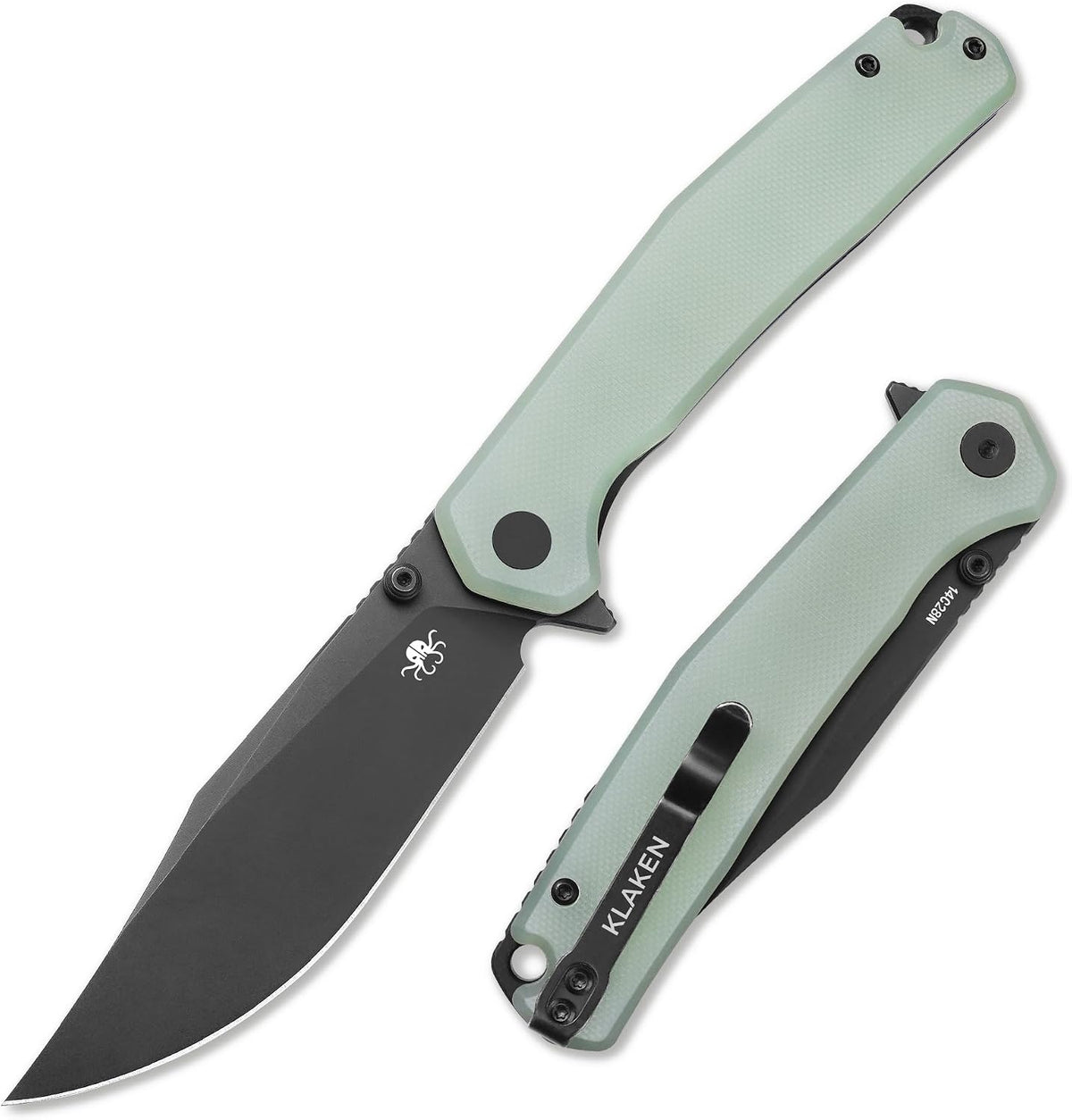 A folding pocket knife shown open and closed on a plain white background. The knife has a matte black blade and black hardware, with a textured sage green handle scale.