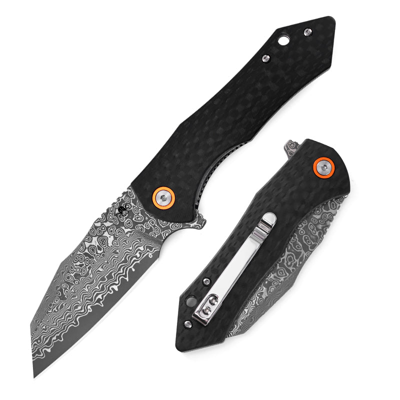A folding pocket knife shown open and closed on a plain white background. The knife has a patterned Damascus-style steel blade, a black textured handle, and bright orange pivot accents.