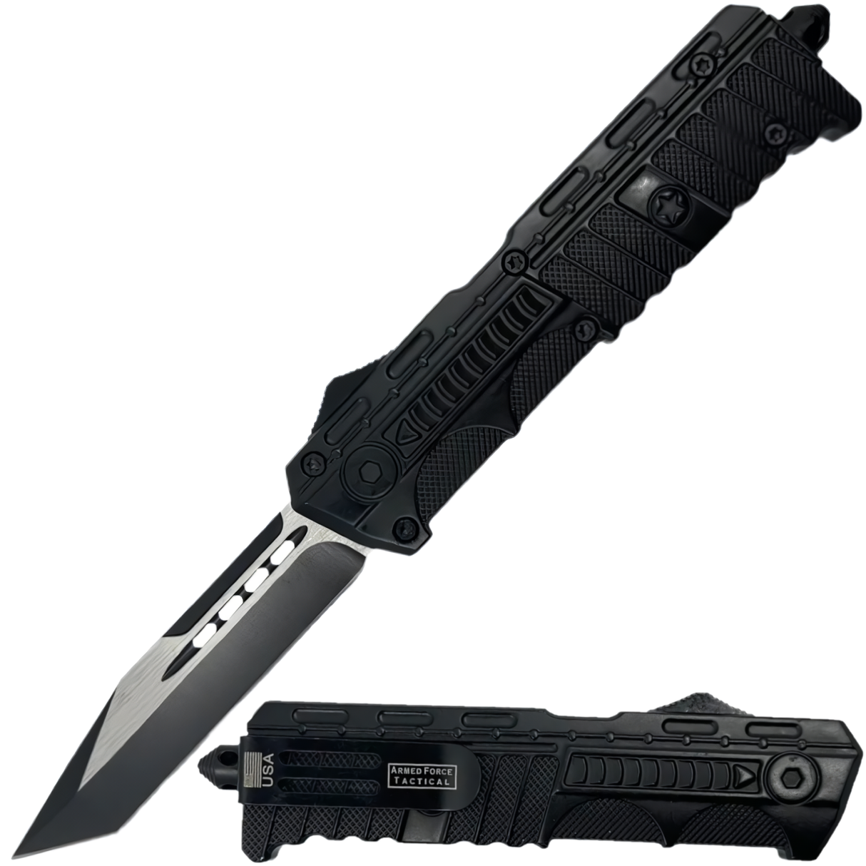 A black 3.5" Armed Force Tactical Automatic OTF Tanto Knife, shown both open and closed featuring the blade and its metal clip