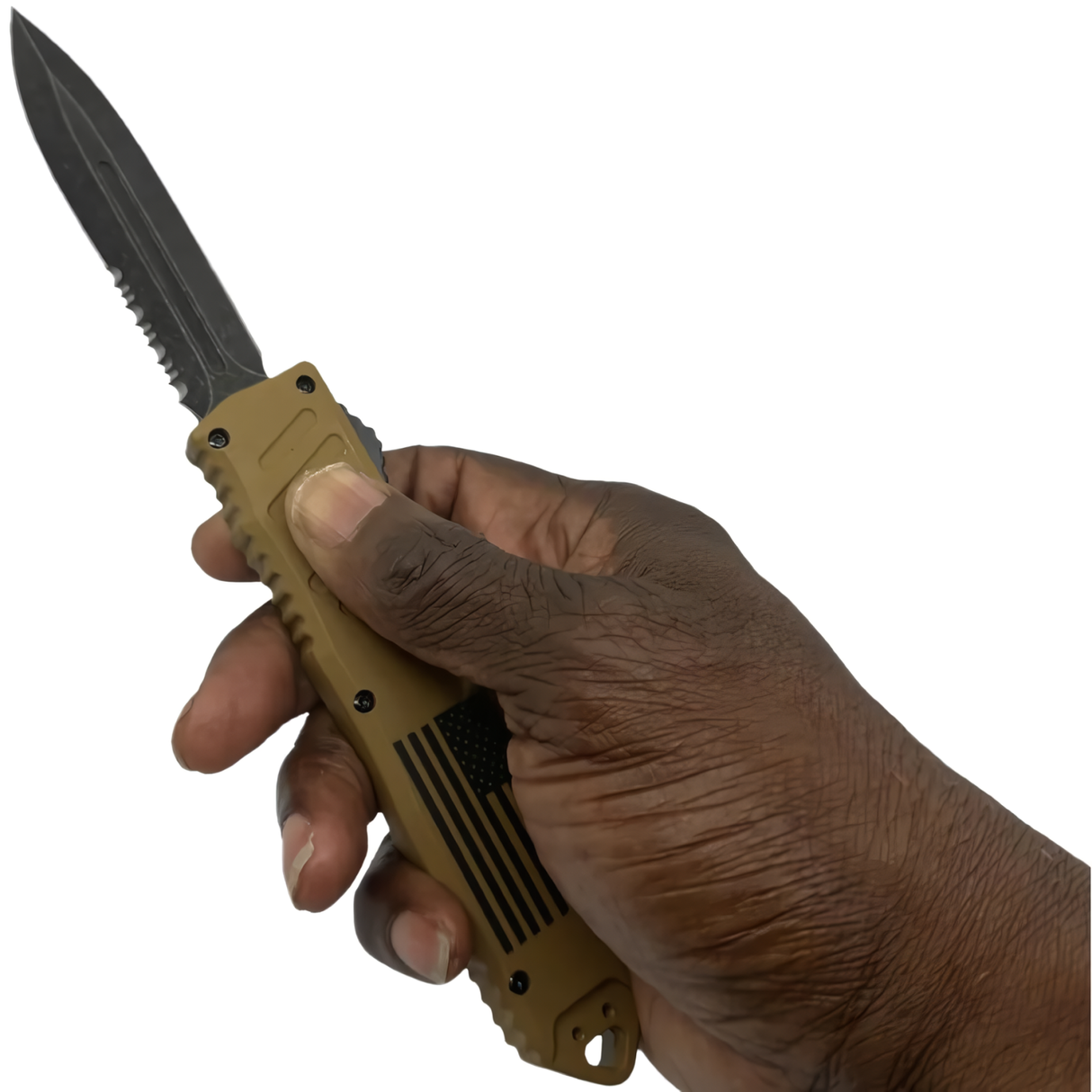 A hand holding an open brown 3.25" Armed Force Tactical OTF Dagger Knife