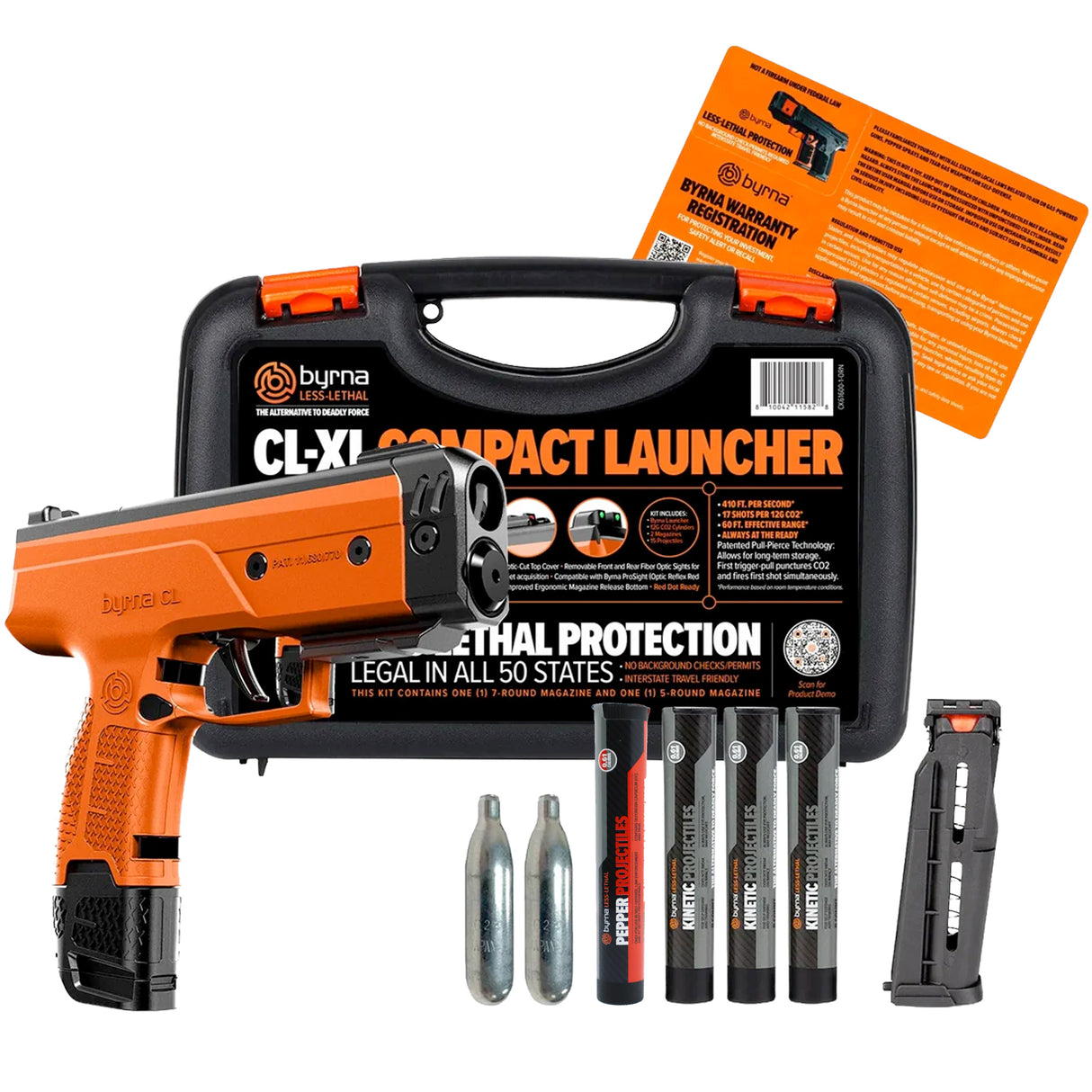 complete orange byrna cl-xl kit with carrying case, instruction manual and kinetic projectiles