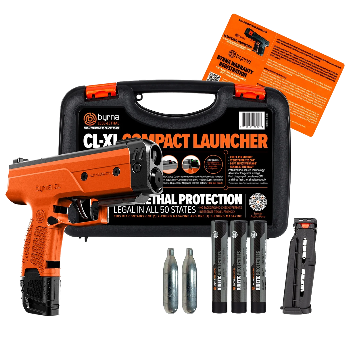 complete orange byrna cl-xl kit with carrying case, instruction manual and kinetic projectiles