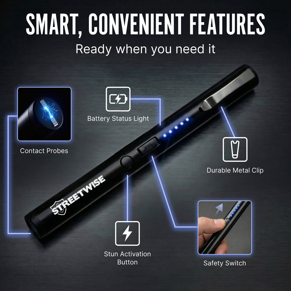 Black device with features highlighted on a dark background